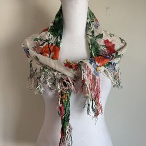 Elegant Knit Floral Scarf Fringe Detail Colorful Boho Chic Festival Cottagecore